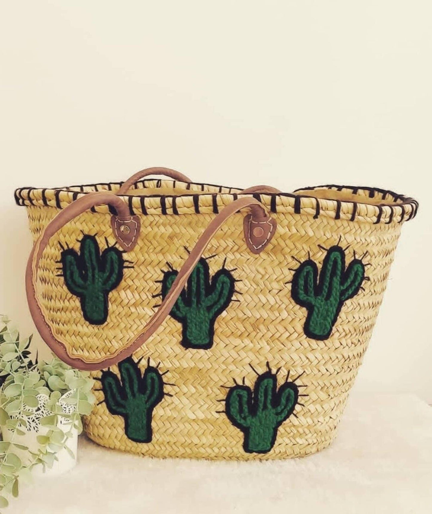 Cactus Market Basket Straw Bag Handmade with Leather