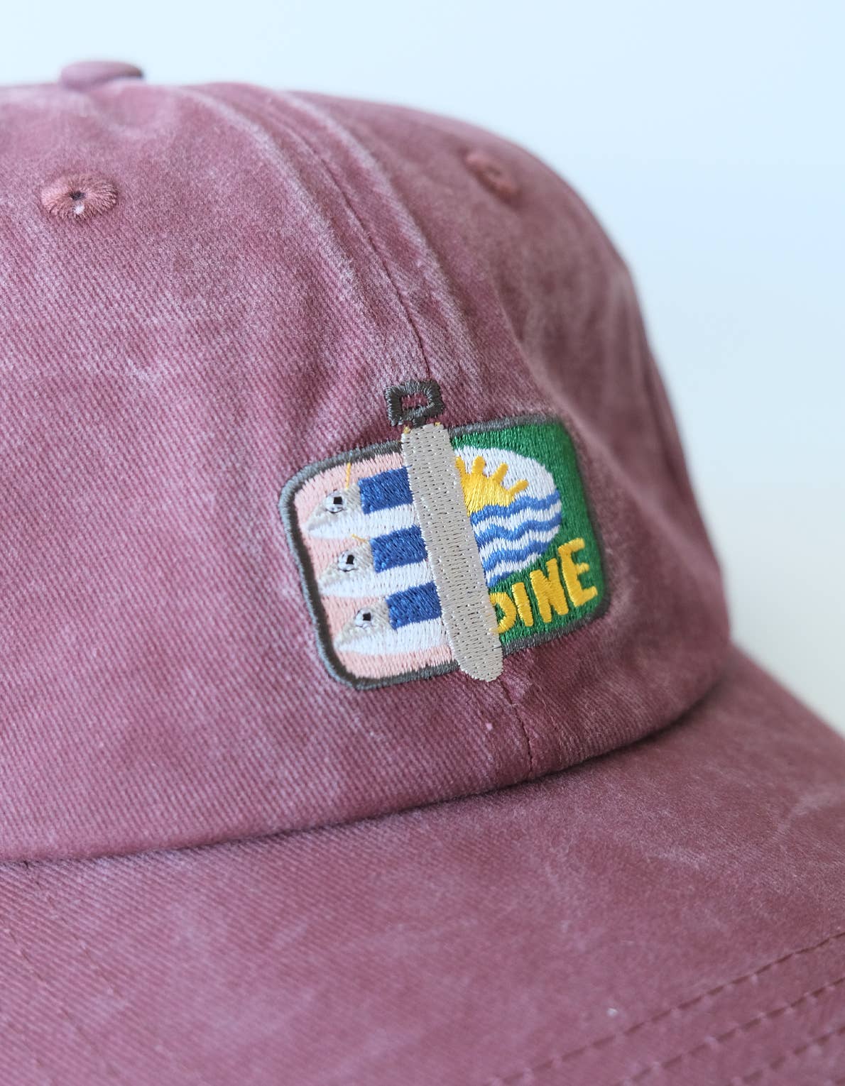 Tinned Fish Embroidered Hat, Washed Burgundy