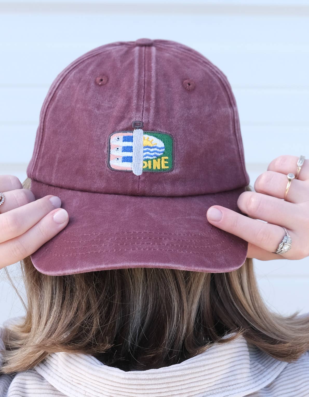 Tinned Fish Embroidered Hat, Washed Burgundy