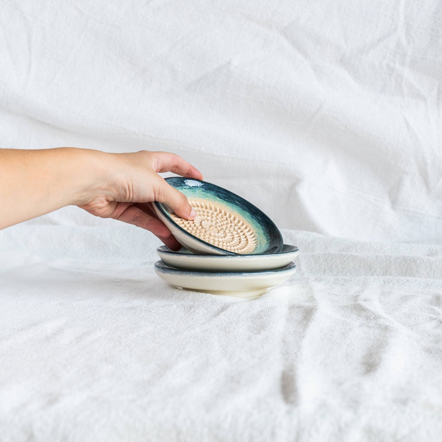 Handmade Ceramic Grater Dish Blue & Teal Ombre