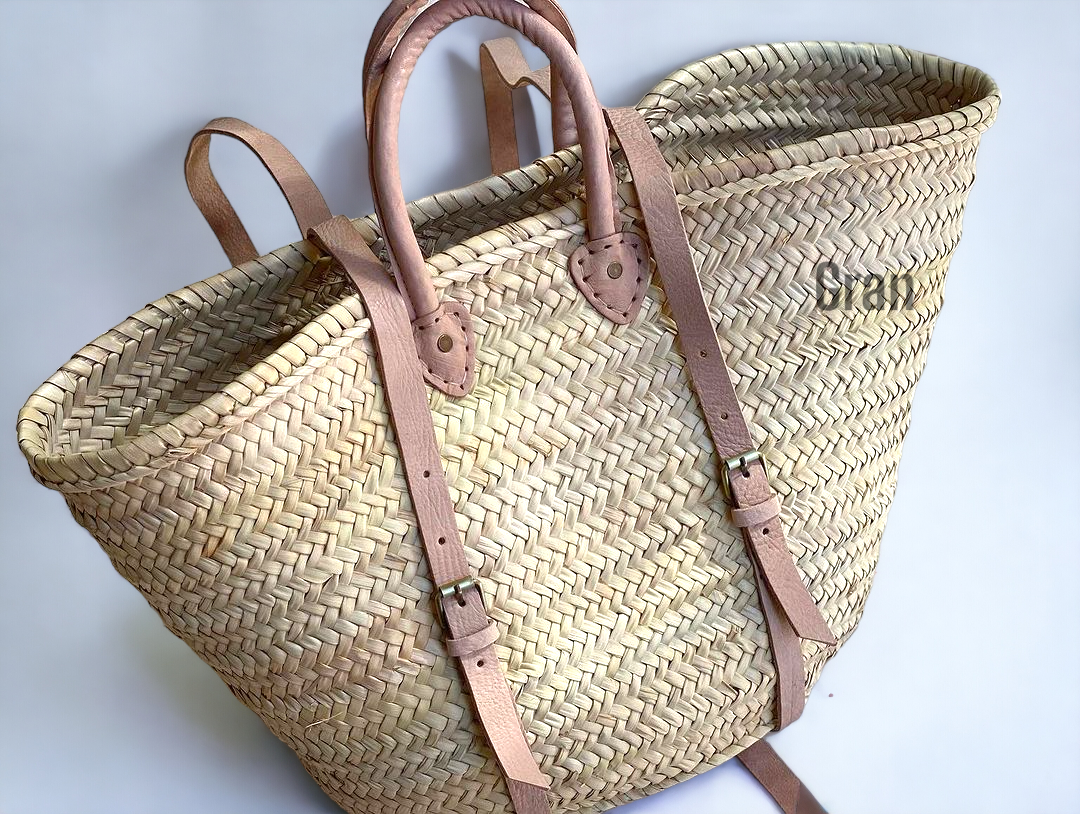 Handmade Farmers Market Basket Backpack Bag Leather Natural