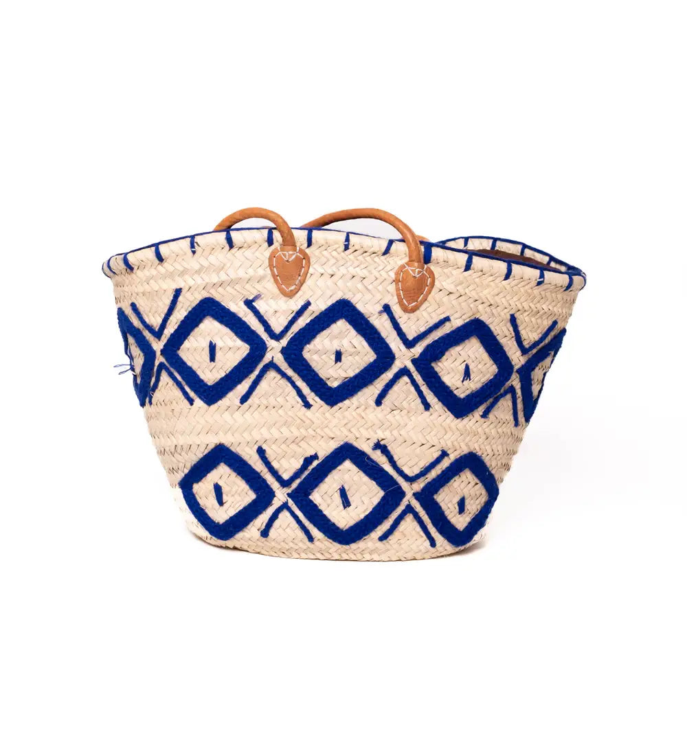Blue Print Beach Basket Bag, French Basket Market Bags