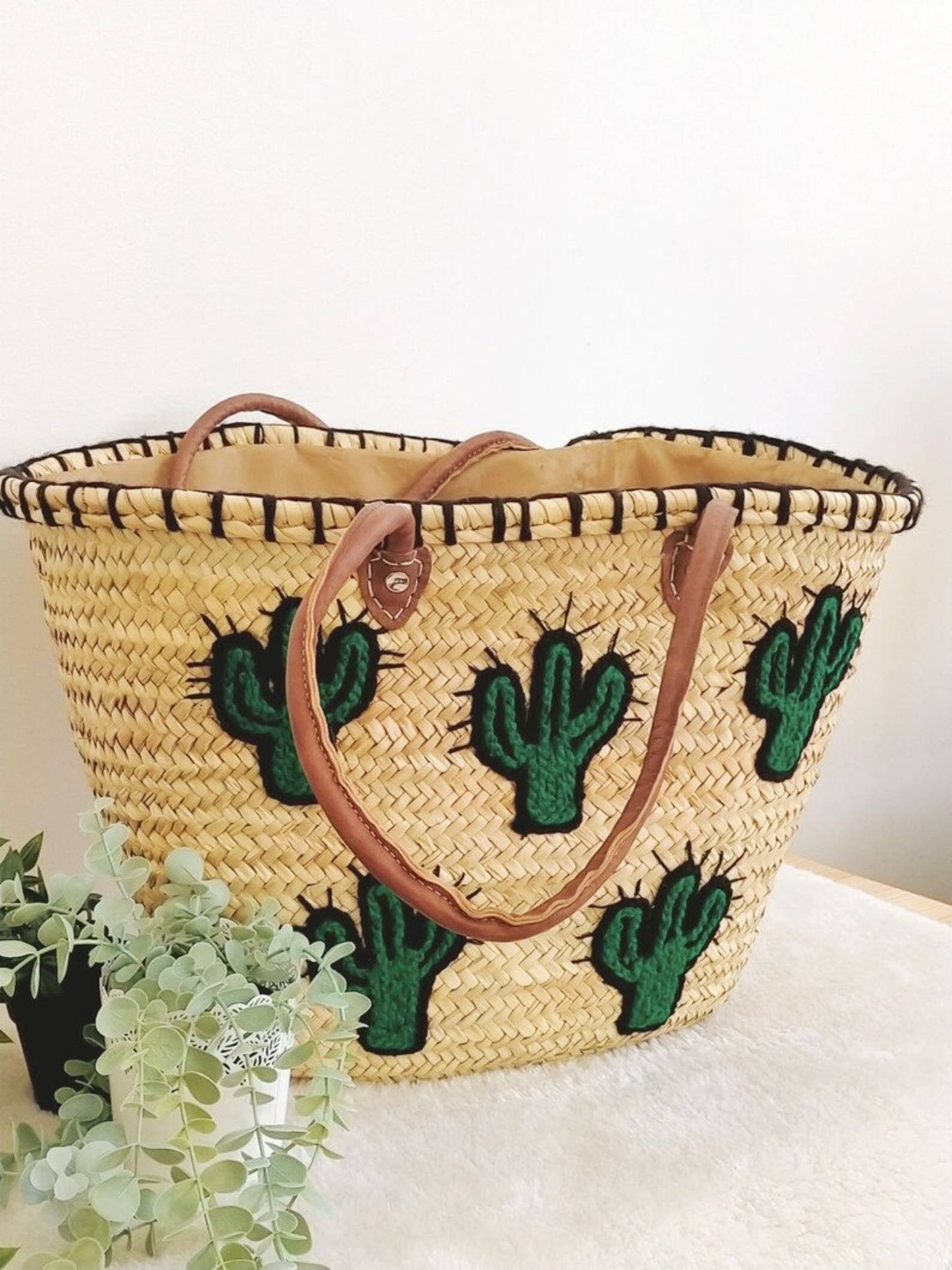 Cactus Market Basket Straw Bag Handmade with Leather