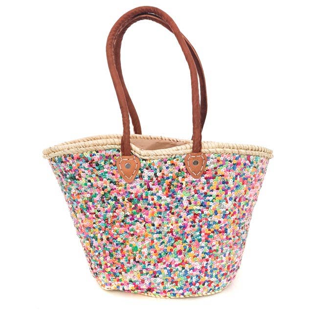 Sequin Straw Basket Handmade Beach Bag with Sequins Multicolor