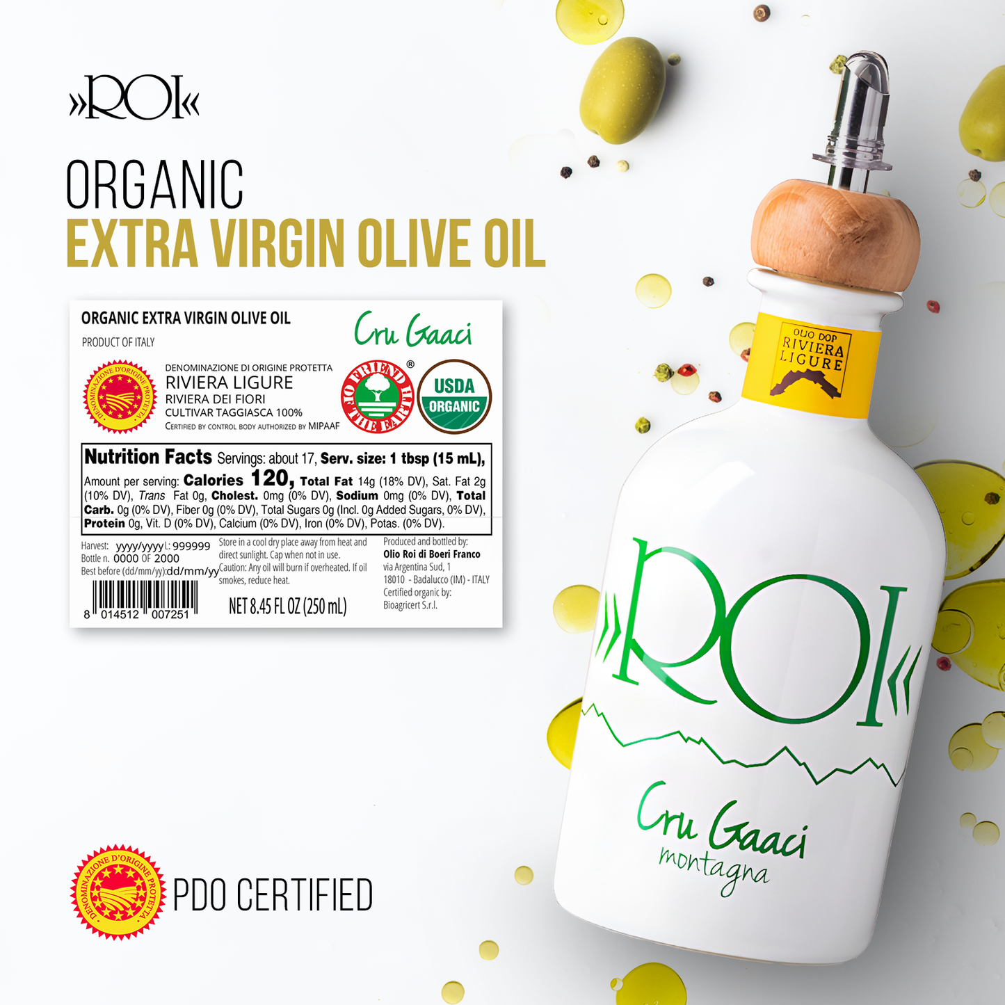 Organic Cru Gaaci Italian Extra Virgin Olive Oil DOP Liguria