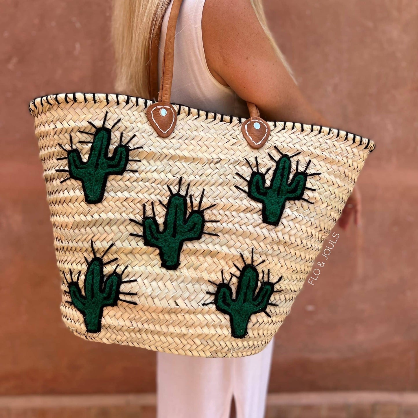 Cactus Market Basket Straw Bag Handmade with Leather