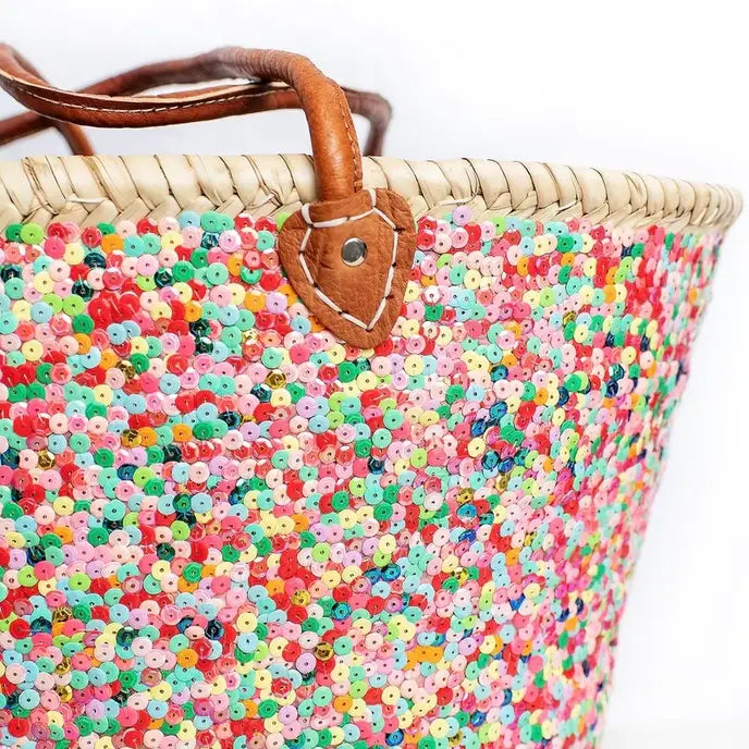 Sequin Straw Basket Handmade Beach Bag with Sequins Multicolor