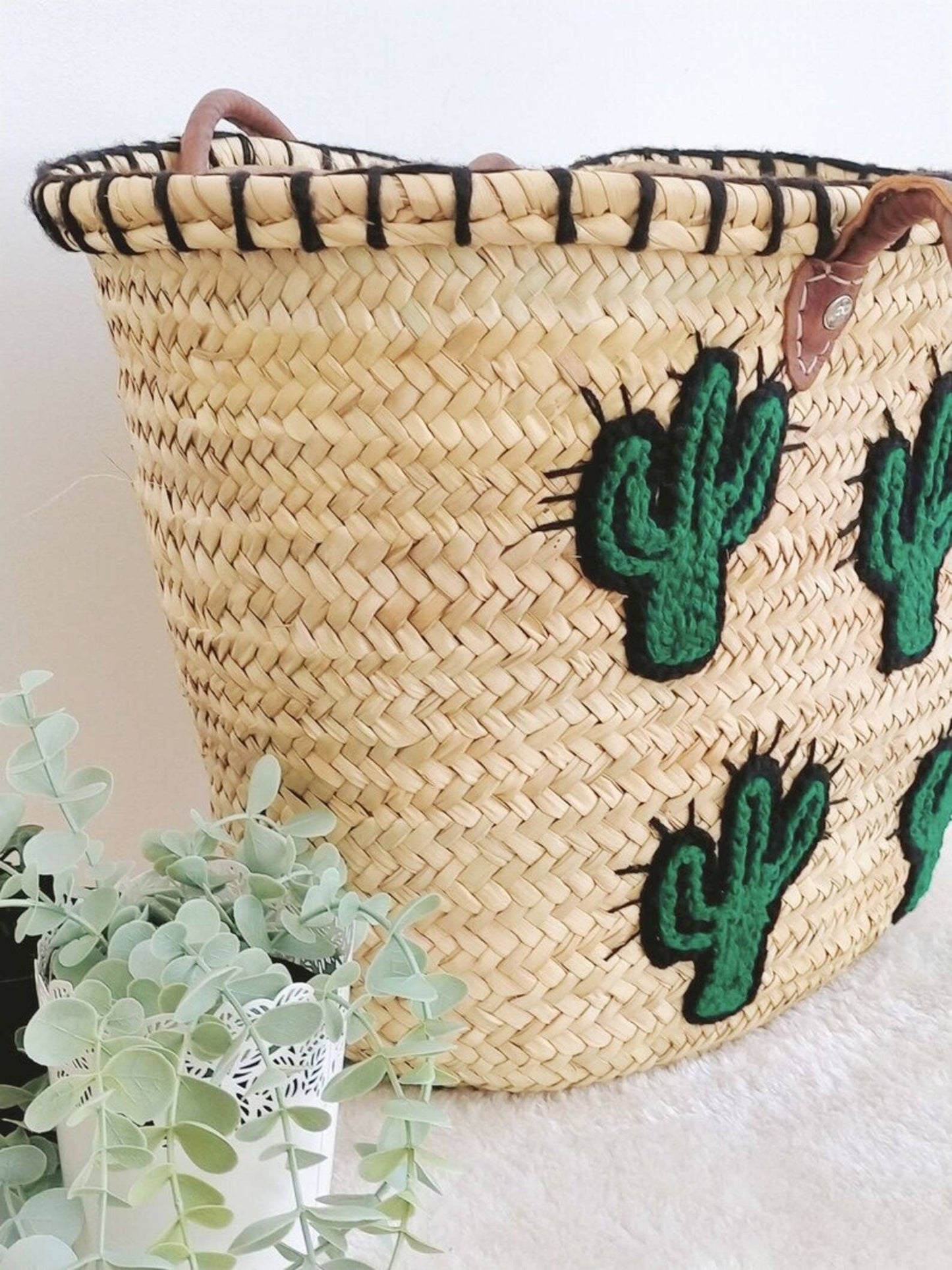 Cactus Market Basket Straw Bag Handmade with Leather