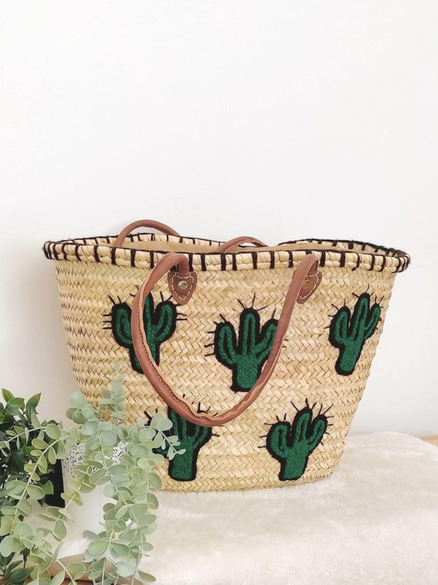 Cactus Market Basket Straw Bag Handmade with Leather
