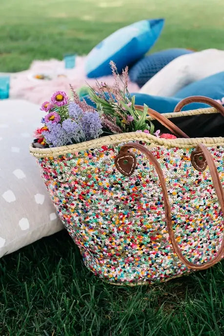 Sequin Straw Basket Handmade Beach Bag with Sequins Multicolor