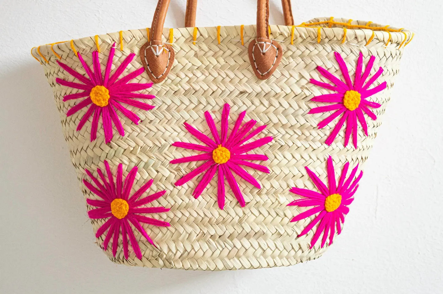 Pink Daisy Beach Basket Bag, French Basket Market Bags