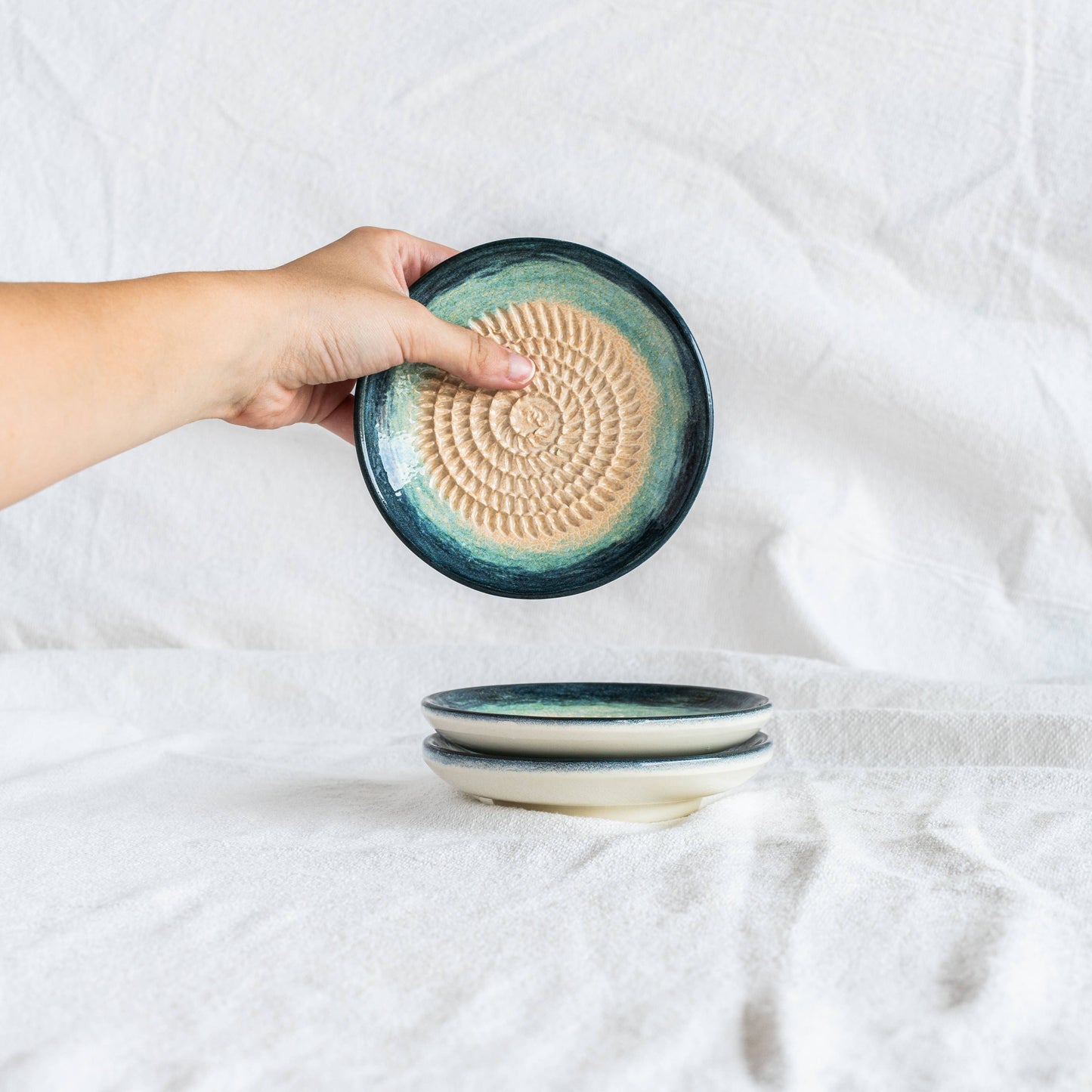 Handmade Ceramic Grater Dish Blue & Teal Ombre