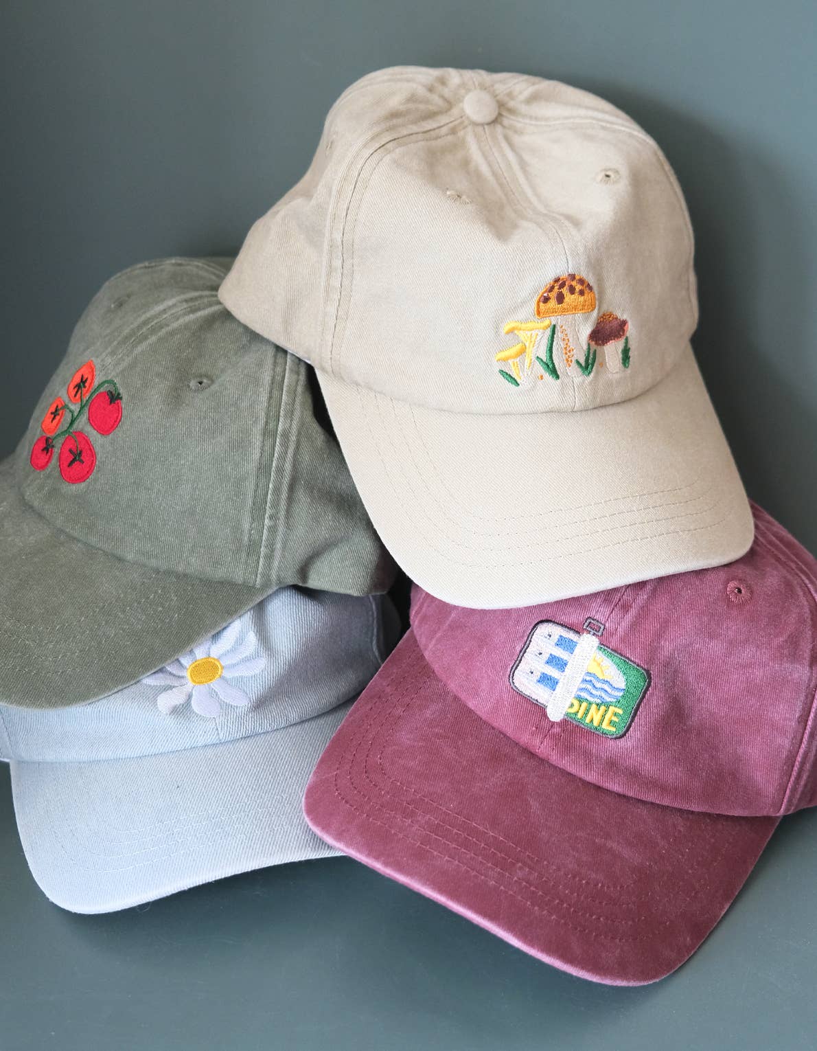 Tinned Fish Embroidered Hat, Washed Burgundy
