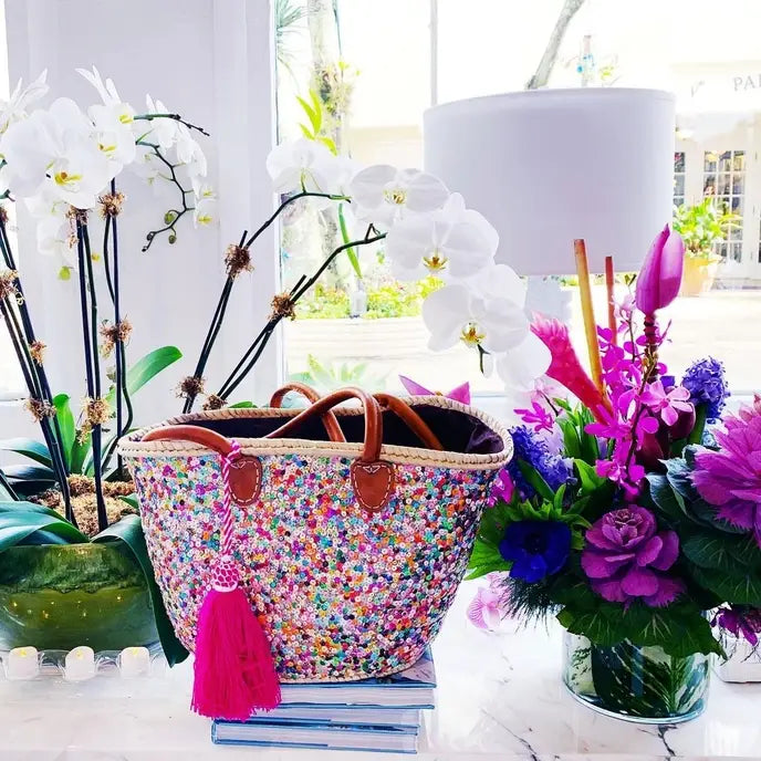 Sequin Straw Basket Handmade Beach Bag with Sequins Multicolor