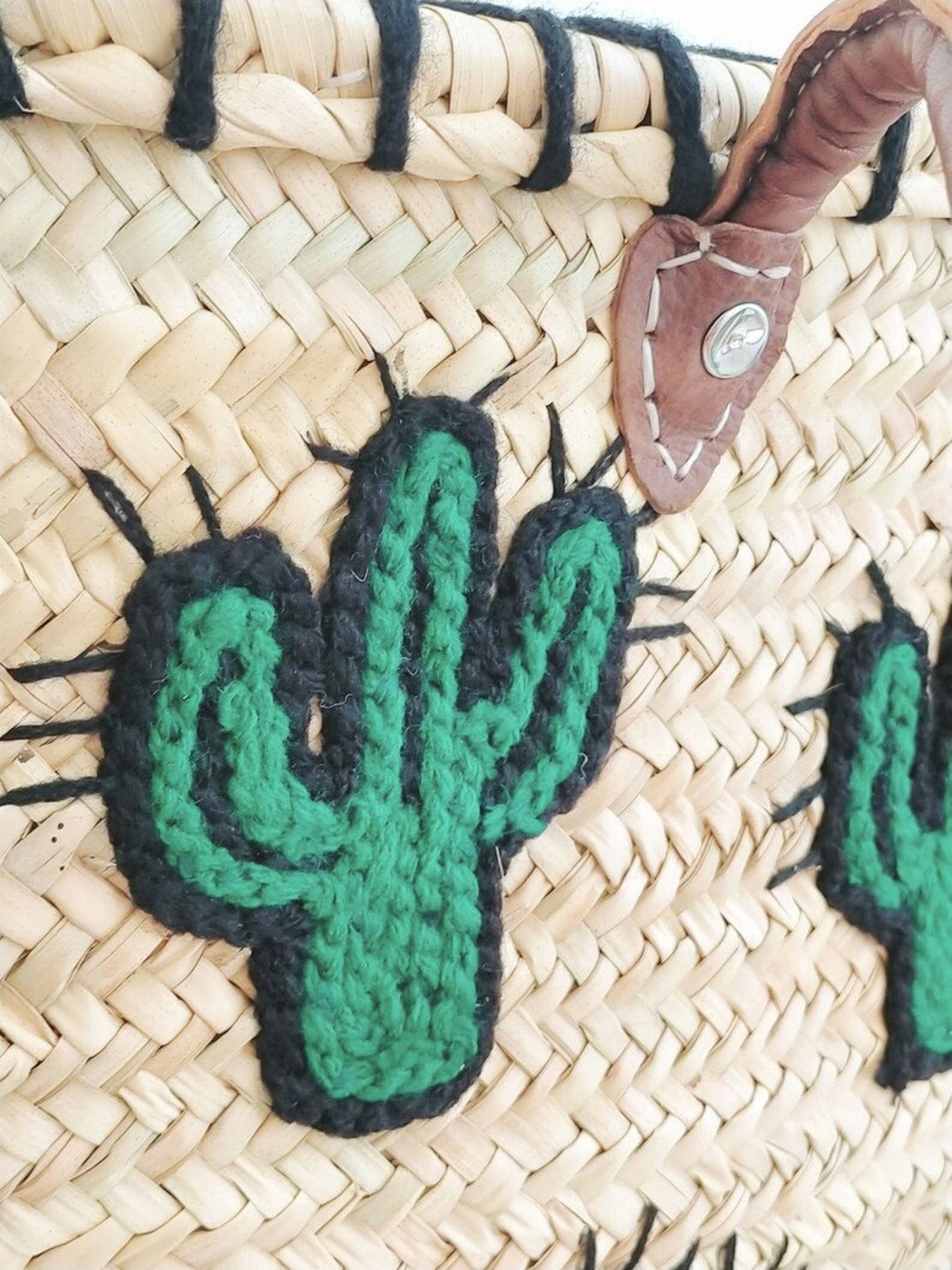 Cactus Market Basket Straw Bag Handmade with Leather