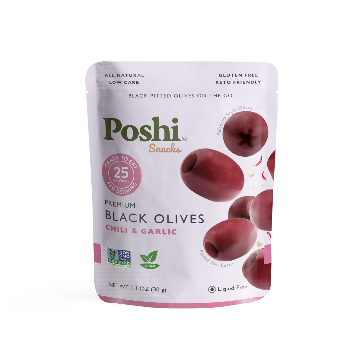 Poshi Snacks - Chili & Garlic Pitted Black Olives 1.1oz/10