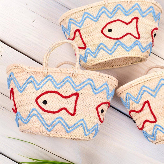 Handwoven Straw Market Basket with Fish Embroidery