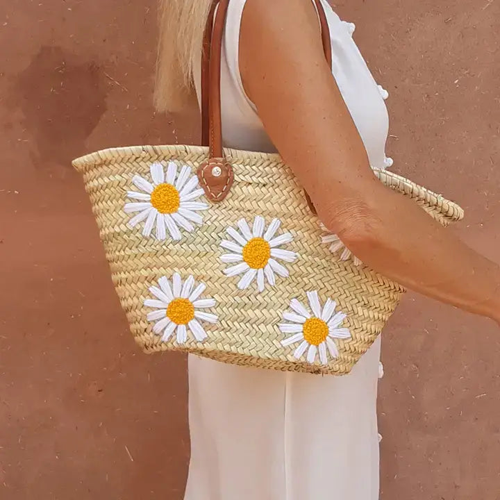 White Daisy Beach Basket Bag, French Basket Market Bags