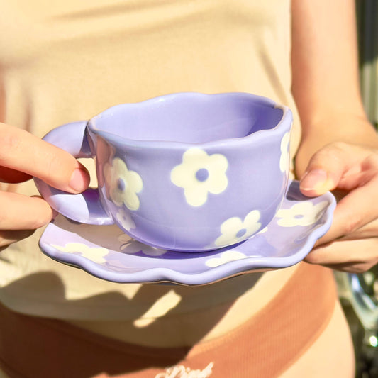 Purple Flowers Mug & Saucer