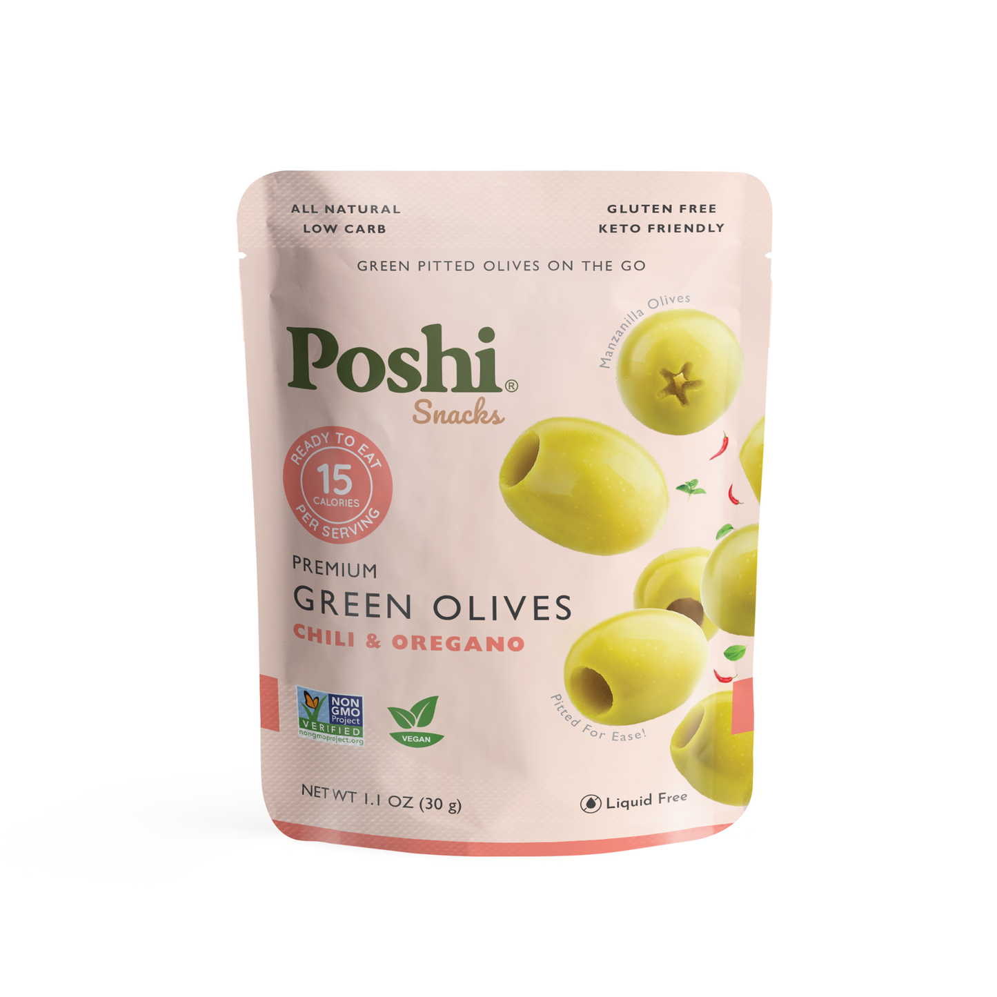 Poshi Snack - Chili & Oregano Pitted Green Olives 1.1oz/10ct