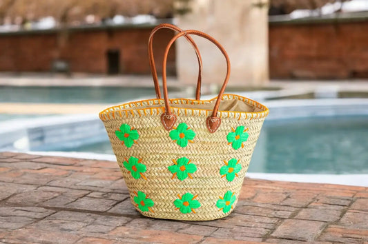 Green Daisy Beach Basket Bag, French Basket Market Bags