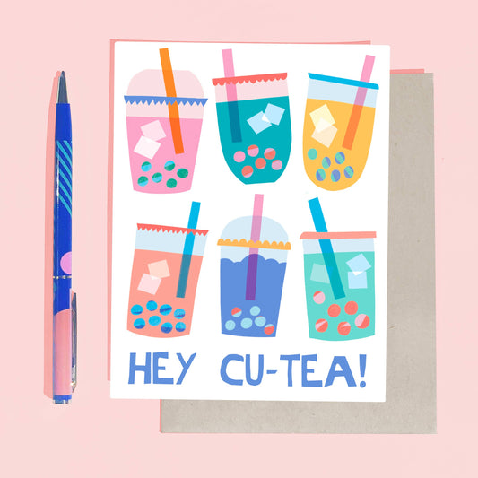 Hey Cu-Tea - Modern Boba/Bubble Tea Love and Friendship Card