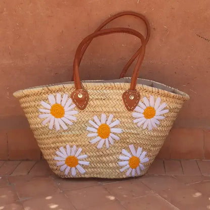 White Daisy Beach Basket Bag, French Basket Market Bags