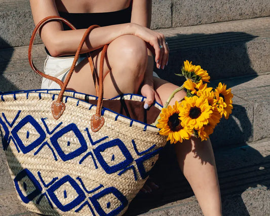 Blue Print Beach Basket Bag, French Basket Market Bags